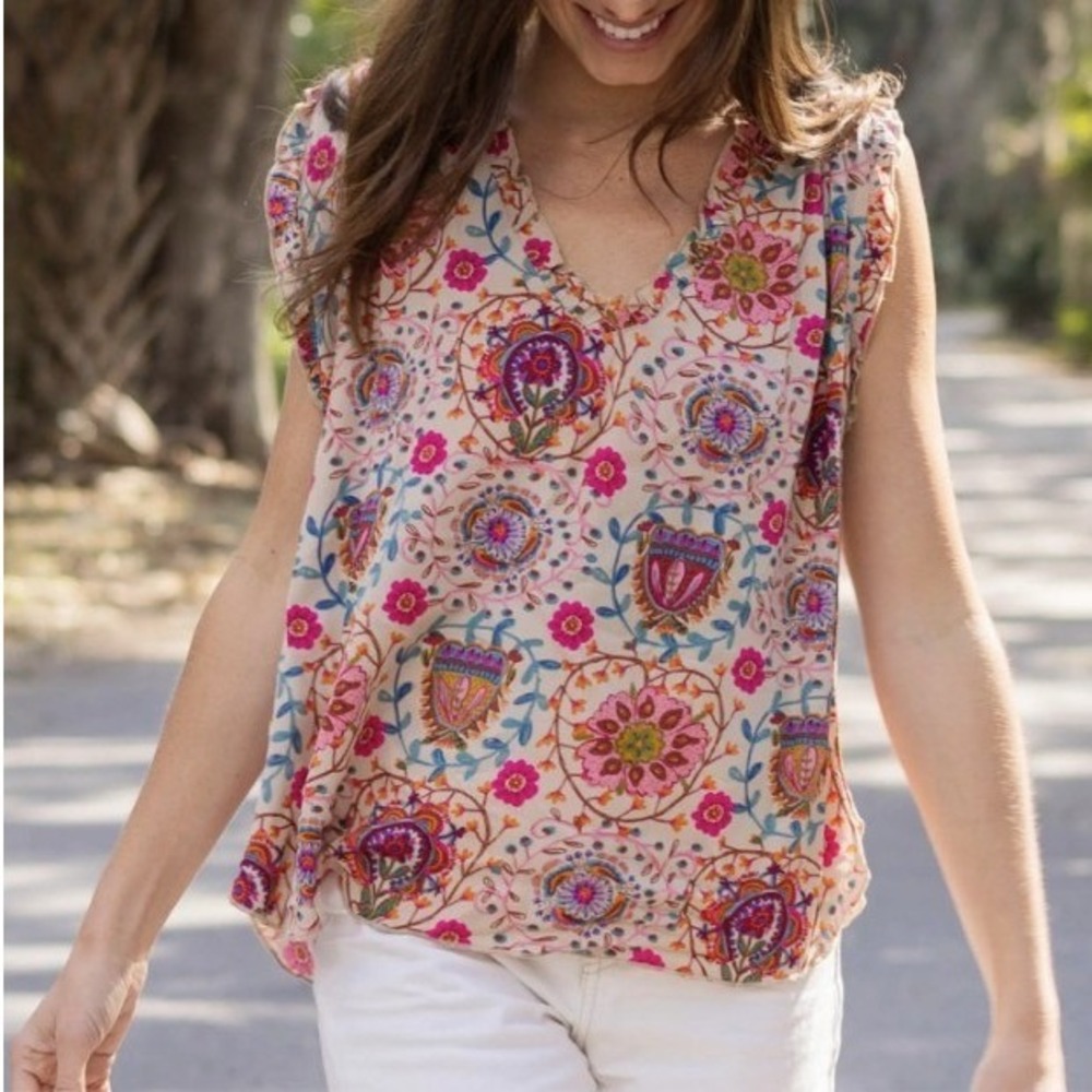 Natural Life Sleeveless Top Womens Small Pink Floral Rayon Ruffle Boho Relaxed